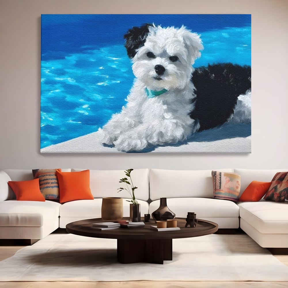 Tablou canvas cu pictura cu catel pufos langa piscina, fara rama, pe sasiu de lemn, pe perete intr-un living
